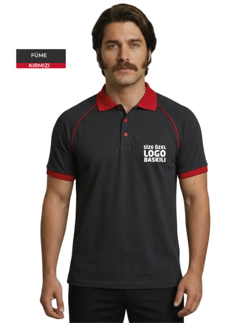 Logo Baskılı Füme Kırmızı Detaylı Polo Yaka Tişört