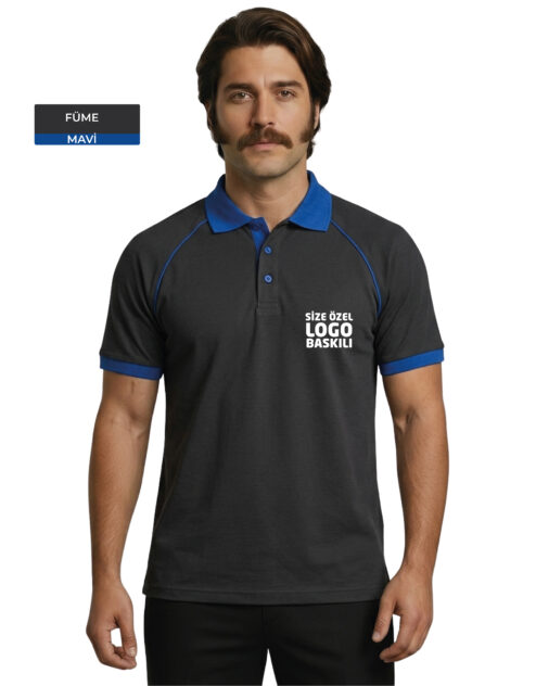 Logo Baskılı Füme Mavi Detaylı Polo Yaka Tişört