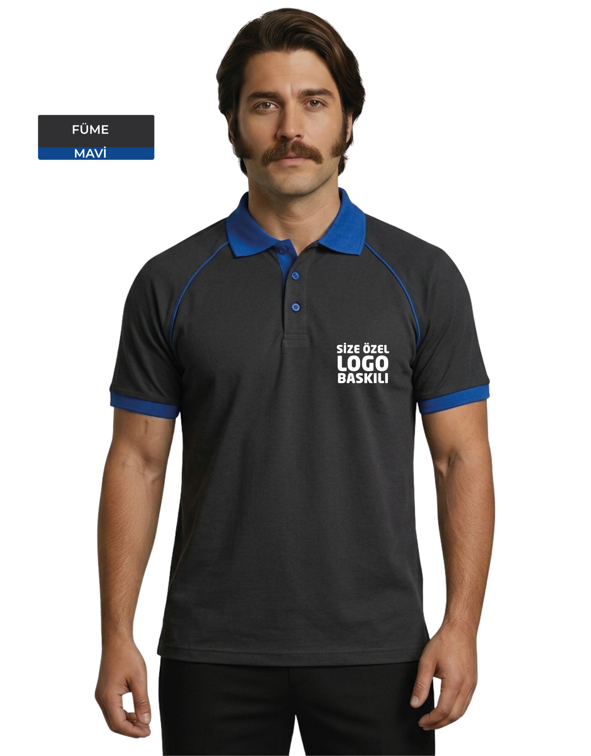 Logo Baskılı Füme Mavi Detaylı Polo Yaka Tişört
