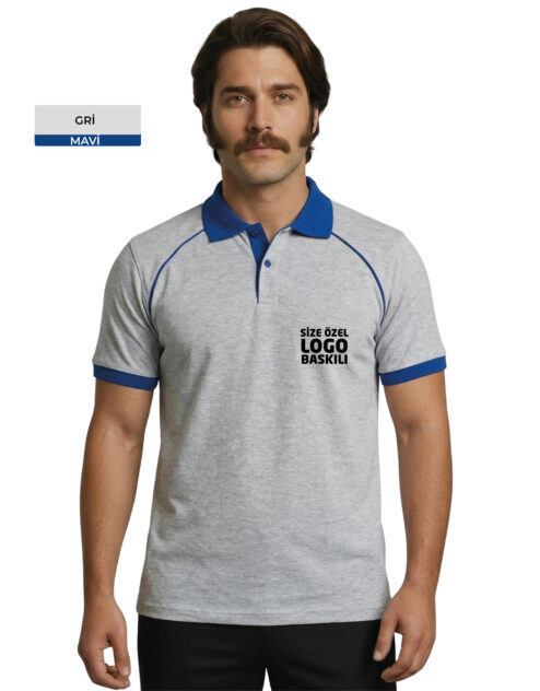 Logo Baskılı Gri Mavi Detaylı Polo Yaka Tişört