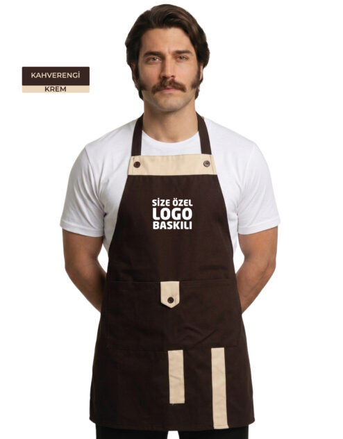 Logo Baskılı Kahverengi Krem Detaylı Ayarlanabilir Askılı Garson ve Barista Önlüğü
