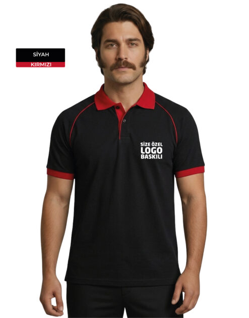 Logo Baskılı Siyah Kırmızı Detaylı Polo Yaka Tişört