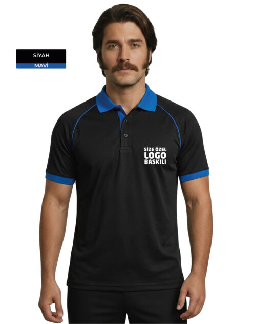 Logo Baskılı Siyah Mavi Detaylı Polo Yaka Tişört