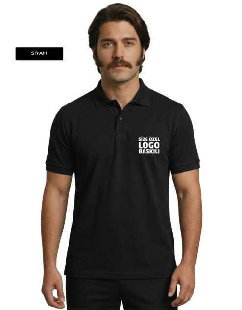 Logo Baskılı Siyah Polo Yaka Tişört