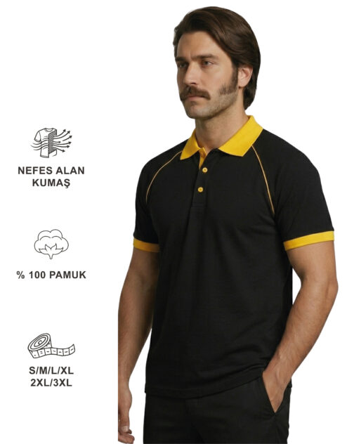 Alternative view of Logo Baskılı Siyah Sarı Detaylı Polo Yaka Tişört
