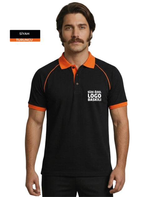 Logo Baskılı Siyah Turuncu Detaylı Polo Yaka Tişört